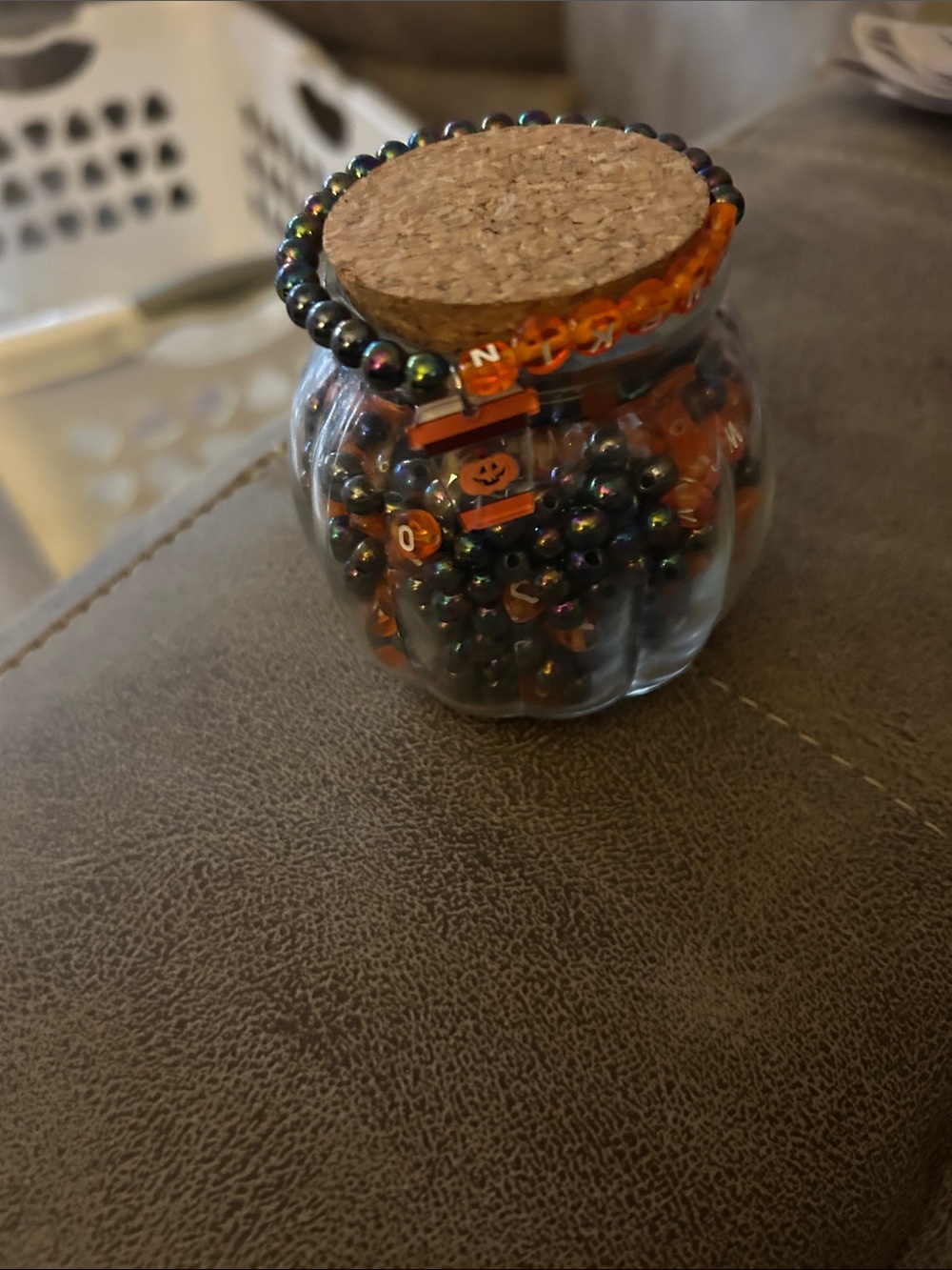 Handcrafted Orange and Iridescent Bead Jar with Cork Lid - Home Accent